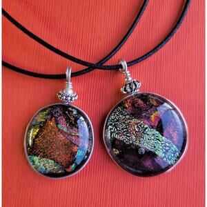 Two Sterling Wrapped Fused Dichroic Glass Pendant Necklaces Handmade Glass Gifts